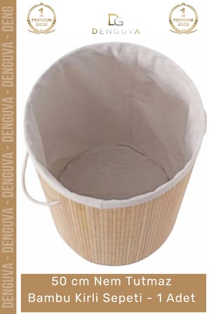 #kirlisepeti decohandy yuvarlak doğal hijyenik çamaşır kutusu banyo şık tasarım bambu kirli sepeti - 1 adet