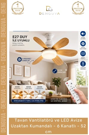 #Vantilatör Vantilatörü LED Avize Modern Ahşap Görünümlü Uzaktan Kumandalı 6 Kanatlı 52 cm