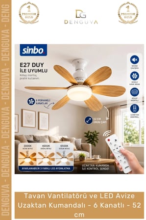 #Vantilatör Vantilatörü LED Avize Modern Ahşap Görünümlü Uzaktan Kumandalı 6 Kanatlı 52 cm