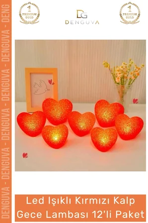 #LedIşık Kırmızı Kalp Formlu LED Pilli Romantik Dekoratif Aydınlatma Gece Lambası 12'li Paket