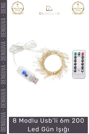 #ledişık dekoratif aydınlatma usb bağlantılı kumandalı 8 modlu esnek bakır tel 6m 200 led gün işığı