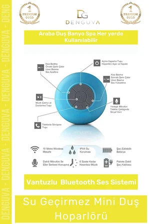 #Hoparlör Su Geçirmez Bluetooth Mikrofonlu Vantuzlu Şarjlı Taşınabilir Duş Kamp Sahil Hoparlörü