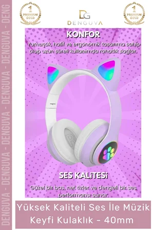 #Kulaklık Işıklı 50 Stereo Yüksek Ses Kaliteli Şarjlı Çocuk Mikrofonlu Kablosuz Bluetooth Kedili Kulaklık