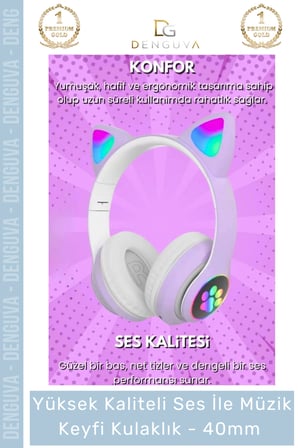 #Kulaklık Işıklı LED Çocuk Mikrofonlu Kulaküstü Stereo Şarjlı Pembe RGB Kablosuz Bluetooth Kedili Kulaklık