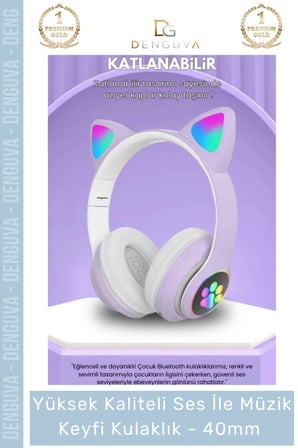 #Kulaklık Işıklı LED Çocuk Mikrofonlu Kulaküstü Stereo Şarjlı Pembe RGB Kablosuz Bluetooth Kedili Kulaklık