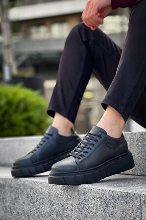 Pabucmarketi Erkek Günlük Ayakkabı Yüksek Taban Siyah (Siyah Taban)