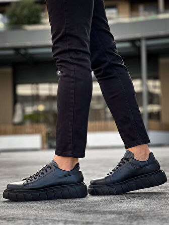 Pabucmarketi Erkek Günlük Ayakkabı Yüksek Taban Siyah (Siyah Taban)