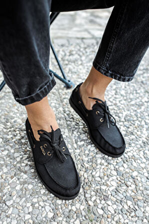 Pabucmarketi Erkek Mevsimlik Keten Ayakkabı Siyah (Siyah Taban)