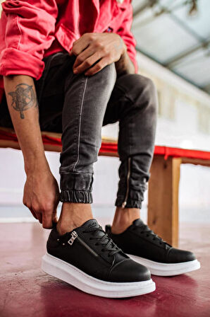 Pabucmarketi Erkek Günlük Ayakkabı Yüksek Taban Siyah (Beyaz Taban)