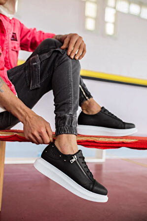 Pabucmarketi Erkek Günlük Ayakkabı Yüksek Taban Siyah (Beyaz Taban)