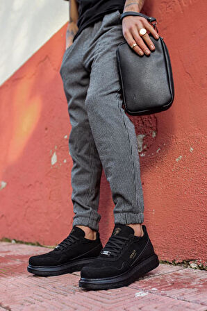 Pabucmarketi Erkek Günlük Ayakkabı Kalın Hafif Taban Süet Siyah (Siyah Taban)