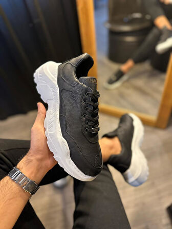 Pabucmarketi Erkek Günlük Ayakkabı Yüksek Taban Siyah (Beyaz Taban)