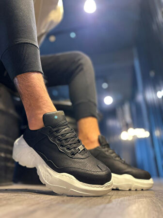 Pabucmarketi Erkek Günlük Ayakkabı Yüksek Taban Siyah (Beyaz Taban)