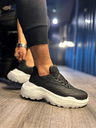 Pabucmarketi Erkek Günlük Ayakkabı Yüksek Taban Siyah (Beyaz Taban)