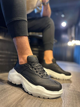 Pabucmarketi Erkek Günlük Ayakkabı Yüksek Taban Siyah (Beyaz Taban)