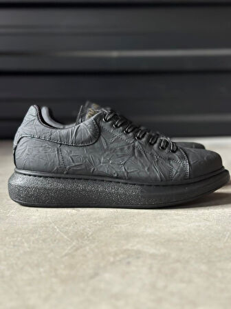 Pabucmarketi Erkek Günlük Ayakkabı Yüksek Taban Siyah Siyah Taban (Desenli)