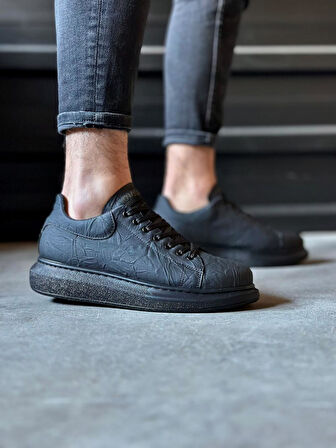 Pabucmarketi Erkek Günlük Ayakkabı Yüksek Taban Siyah Siyah Taban (Desenli)