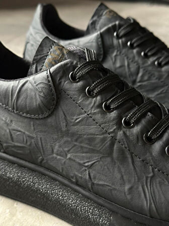 Pabucmarketi Erkek Günlük Ayakkabı Yüksek Taban Siyah Siyah Taban (Desenli)