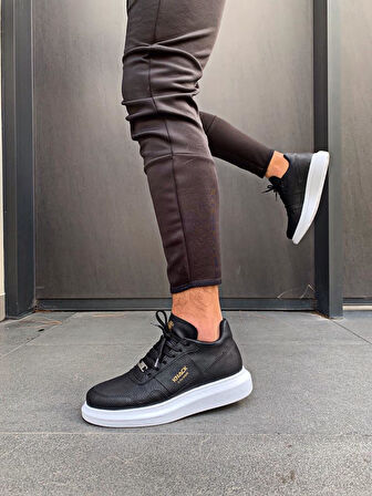 Pabucmarketi Erkek Günlük Ayakkabı Yüksek Taban Siyah (Beyaz Taban)