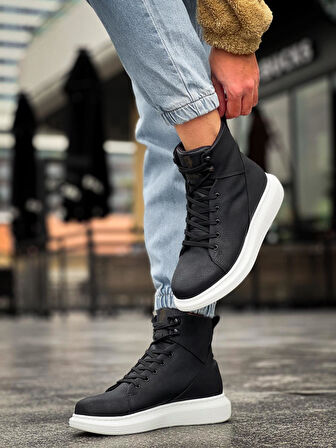 Pabucmarketi Erkek Bot Yüksek Taban Siyah (Beyaz Taban)