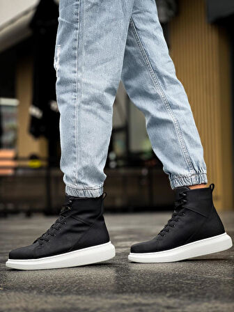 Pabucmarketi Erkek Bot Yüksek Taban Siyah (Beyaz Taban)