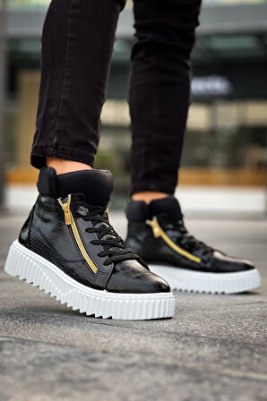 Pabucmarketi Bağcıklı Çift Fermuarlı Erkek Spor Bot SİYAH (BEYAZ TABAN)