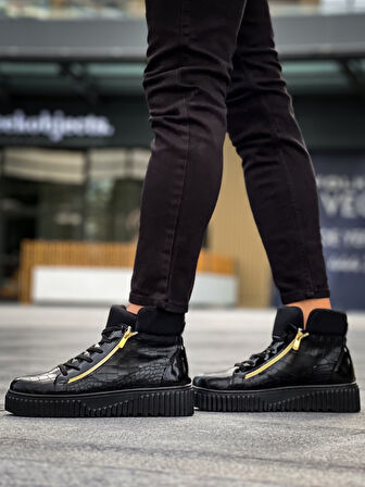 Pabucmarketi Bağcıklı Çift Fermuarlı Erkek Spor Bot SİYAH (SİYAH TABAN)