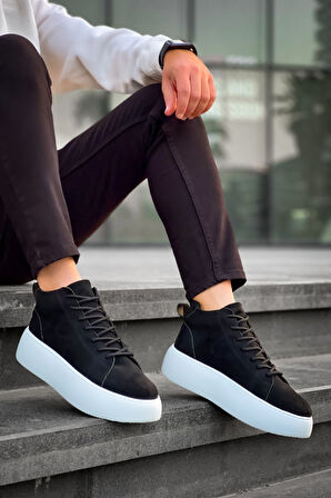 Pabucmarketi Bağcıklı Erkek Spor Bot SİYAH SÜET (BEYAZ TABAN)