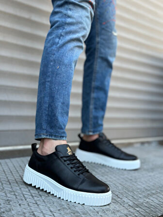 Pabucmarketi Bağcıklı Erkek Ayakkabı SİYAH (BEYAZ TABAN)