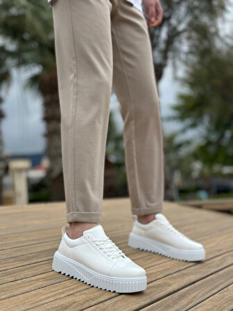 Pabucmarketi Bağcıklı Erkek Ayakkabı BEYAZ RUGAN (BEYAZ TABAN)