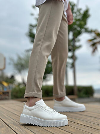 Pabucmarketi Bağcıklı Erkek Ayakkabı BEYAZ RUGAN (BEYAZ TABAN)