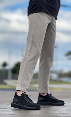 Pabucmarketi Bağcık Detaylı Triko Erkek Spor Ayakkabı SİYAH (SİYAH TABAN)