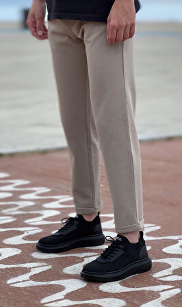 Pabucmarketi Bağcık Detaylı Triko Erkek Spor Ayakkabı SİYAH (SİYAH TABAN)