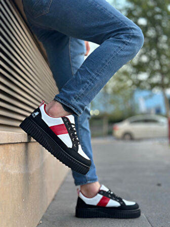 Pabucmarketi Bağcıklı Erkek Ayakkabı BEYAZ SİYAH KIRMIZI (SİYAH TABAN)