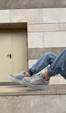 Pabucmarketi Bağcıklı Triko Erkek Ayakkabı GRİ (GRİ TABAN)