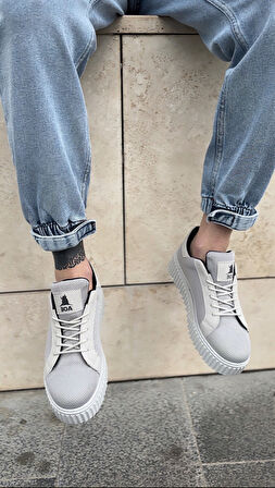 Pabucmarketi Bağcıklı Triko Erkek Ayakkabı GRİ (GRİ TABAN)