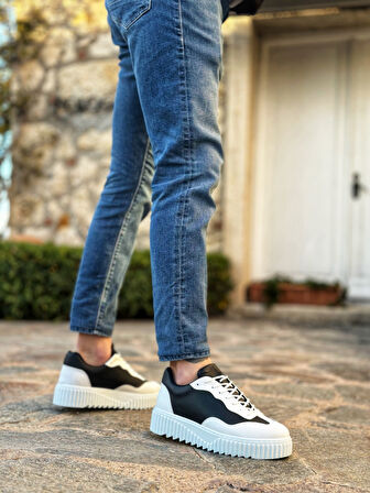 Pabucmarketi Bağcıklı Erkek Günlük Ayakkabı SİYAH BEYAZ (BEYAZ TABAN)