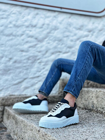 Pabucmarketi Bağcıklı Erkek Günlük Ayakkabı SİYAH BEYAZ (BEYAZ TABAN)