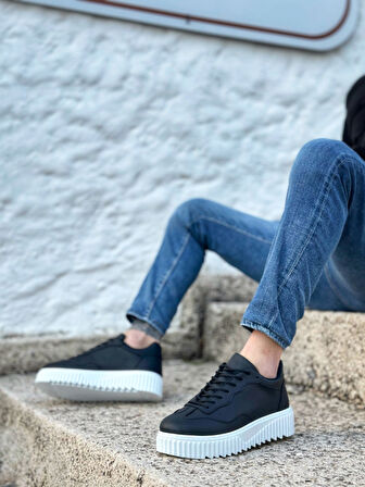 Pabucmarketi Bağcıklı Erkek Günlük Ayakkabı SİYAH (BEYAZ TABAN)