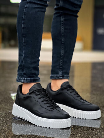 Pabucmarketi Bağcıklı Erkek Günlük Ayakkabı SİYAH (BEYAZ TABAN)