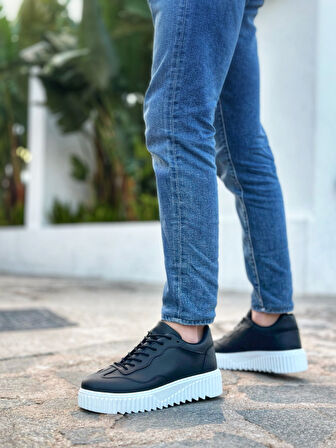 Pabucmarketi Bağcıklı Erkek Günlük Ayakkabı SİYAH (BEYAZ TABAN)