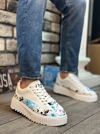 Pabucmarketi Bağcıklı Baskı Detaylı Erkek Spor Ayakkabı BEYAZ (BEYAZ TABAN)