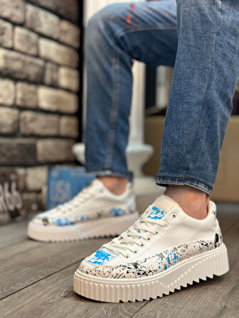 Pabucmarketi Bağcıklı Baskı Detaylı Erkek Spor Ayakkabı BEYAZ (BEYAZ TABAN)