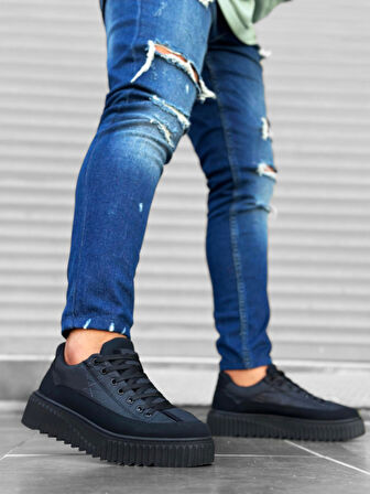 Pabucmarketi Bağcıklı Paraşüt Kumaş Erkek Spor Ayakkabı SİYAH (SİYAH TABAN)