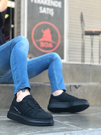 Pabucmarketi Bağcıklı Yanı Desenli Erkek Spor Ayakkabı SİYAH (SİYAH TABAN)