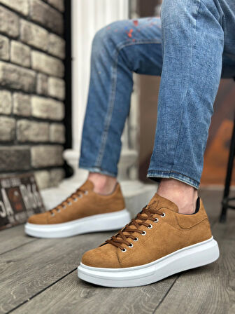 Pabucmarketi Bağcıklı Erkek Spor Ayakkabı TABA SÜET (BEYAZ TABAN)