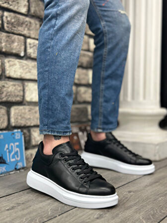 Pabucmarketi Bağcıklı Erkek Spor Ayakkabı SİYAH (BEYAZ TABAN)