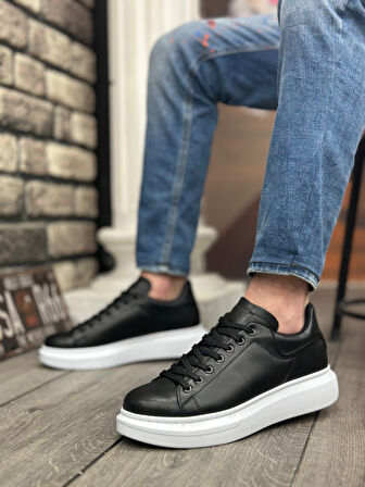 Pabucmarketi Bağcıklı Erkek Spor Ayakkabı SİYAH (BEYAZ TABAN)