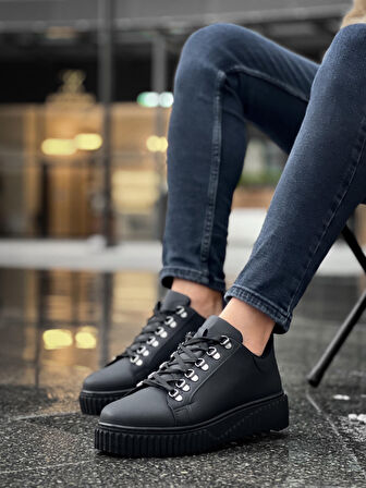 Pabucmarketi Bağcıklı Erkek Günlük Ayakkabı SİYAH (SİYAH TABAN)