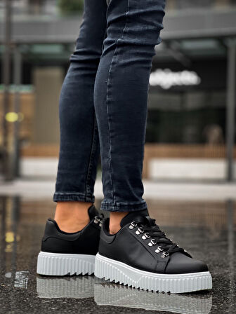 Pabucmarketi Bağcıklı Erkek Günlük Ayakkabı SİYAH (BEYAZ TABAN)